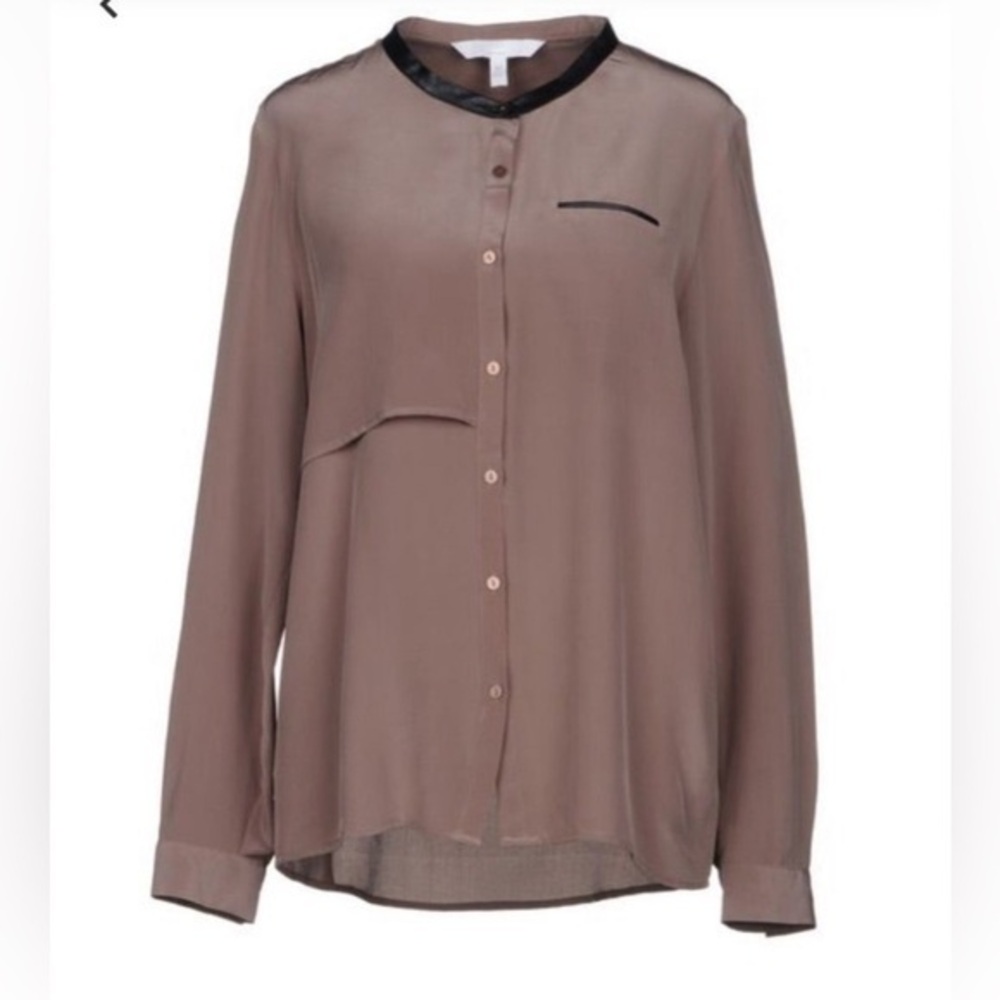 Walter Baker silk taupe shirt w/genuine leather black trim, button front 🤎🖤